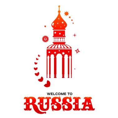 Yazı Rusya hoş geldiniz. Dünya Rusya modern ve geleneksel öğeleri, 2018 eğilim şablonları. Beyaz arka plan üzerinde izole vektör çizim.