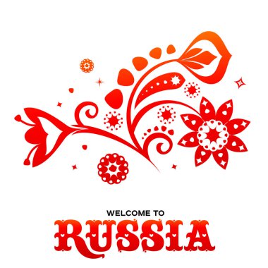 Yazı Rusya hoş geldiniz. Dünya Rusya modern ve geleneksel öğeleri, 2018 eğilim şablonları. Beyaz arka plan üzerinde izole vektör çizim.