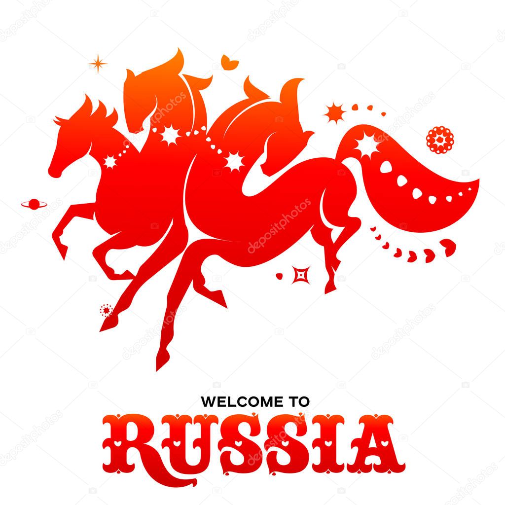 Lettering welcome to Russia. World of Russia modern and traditional elements, 2018 trend templates. Vector illustration isolated on white background.