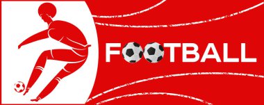 Futbolcu ile banner. Futbol ile iki top yazı. Campionship futbolcu. Aptal renk vektör çizim düz stil beyaz arka plan üzerinde izole içinde.