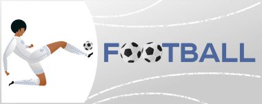 Futbolcu ile banner. Futbol ile iki top yazı. Campionship futbolcu. Aptal renk vektör çizim düz stil beyaz arka plan üzerinde izole içinde.