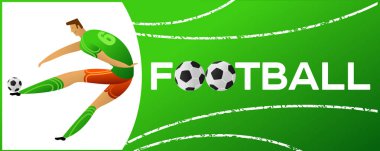 Futbolcu ile banner. Futbol ile iki top yazı. Campionship futbolcu. Aptal renk vektör çizim düz stil beyaz arka plan üzerinde izole içinde.