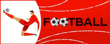 Futbolcu ile banner. Futbol ile iki top yazı. Campionship futbolcu. Aptal renk vektör çizim düz stil beyaz arka plan üzerinde izole içinde.