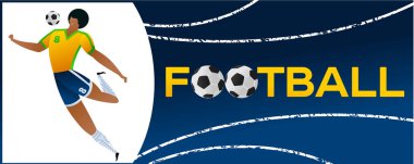 Futbolcu ile banner. Futbol ile iki top yazı. Campionship futbolcu. Aptal renk vektör çizim düz stil beyaz arka plan üzerinde izole içinde.