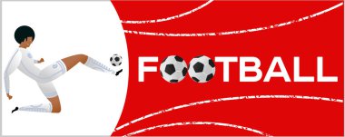 Futbolcu ile banner. Futbol ile iki top yazı. Campionship futbolcu. Aptal renk vektör çizim düz stil beyaz arka plan üzerinde izole içinde.