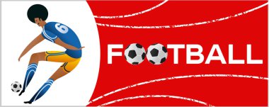 Futbolcu ile banner. Futbol ile iki top yazı. Campionship futbolcu. Aptal renk vektör çizim düz stil beyaz arka plan üzerinde izole içinde.