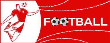 Futbolcu ile banner. Futbol ile iki top yazı. Campionship futbolcu. Aptal renk vektör çizim düz stil beyaz arka plan üzerinde izole içinde.