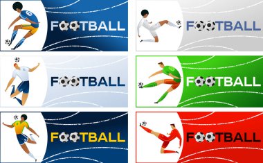 Banner with soccer player. Lettering Football with two ball. Football player in campionship. Fool color vector illustration in flat style isolated on white background. clipart