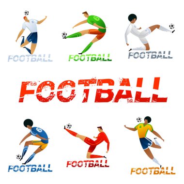 Soccer player with ball. Lettering Football with two ball. Football player in campionship. Fool color vector illustration in flat style isolated on white background. clipart