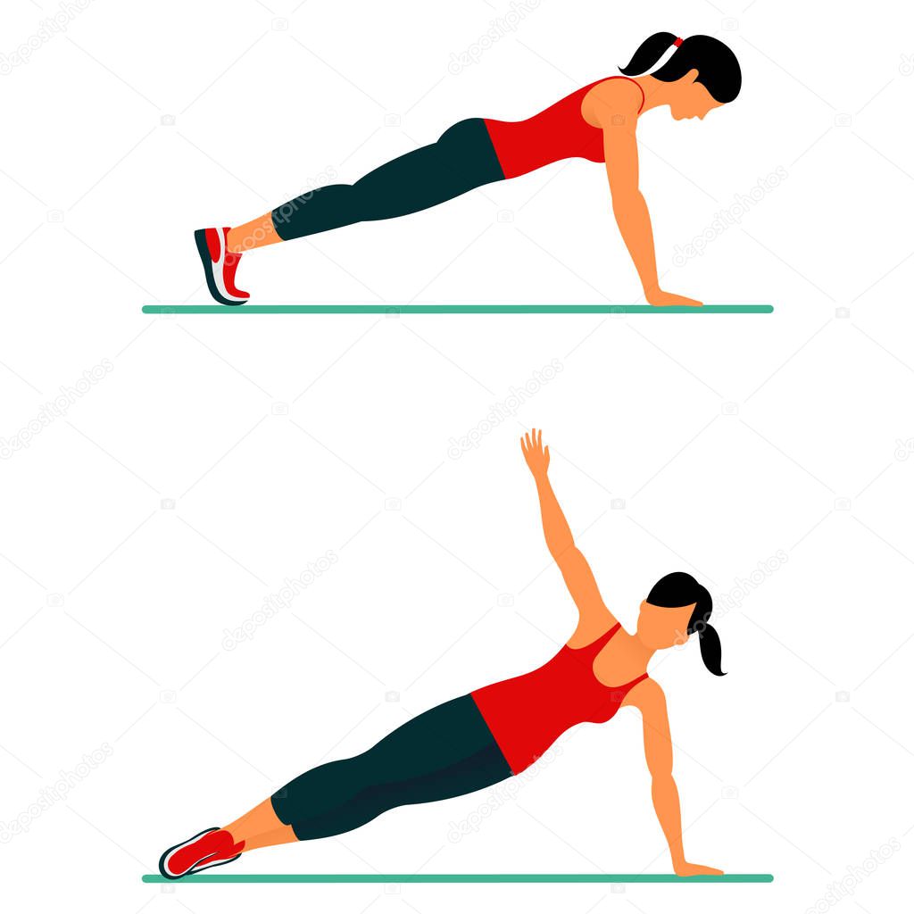 Fitness exercises for strong and beautiful body. Fitness, Aerobic and workout exercise in gym. Vector set of gym icons in line style isolated on white background. People in gym. Gym equipment.