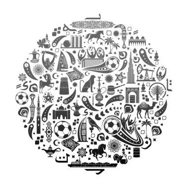 Vektör çizim siyah arka plan. Birleşik Arap Emirlikleri için yazı hoş geldiniz. Modern ve geleneksel öğeleri ile BAE desen dünyası. 2018, 2019 eğilim. Asya Futbol Kupası, Dünya Kulüpler Kupası UAE.