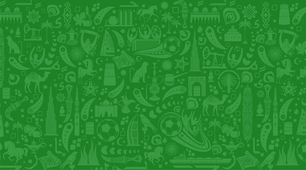 Vector illustration green background. Lettering welcome to United Arab Emirates. World of UAE pattern with modern and traditional elements. 2018, 2019 trend. Asian Football Cup, Club World Cup in UAE.