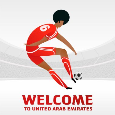 Futbol stadyumu zemin üzerine futbol oyuncusu. 2018, 2019 eğilim. Asya Futbol Kupası, Dünya Kulüpler Kupası Birleşik Arap Emirlikleri. Tam renkli vektör çizim düz tarzı.