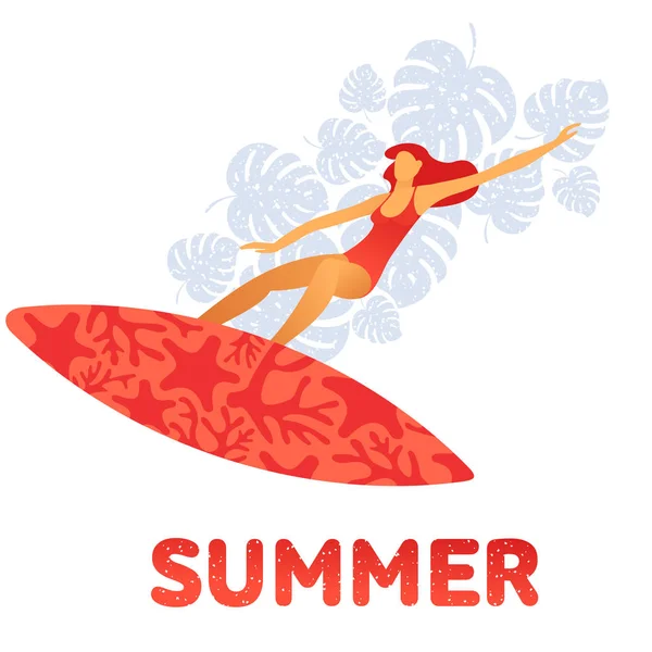 Meisje in een zwembroek op surfplank op de achtergrond van de bladeren van tropische bomen — Stockvector