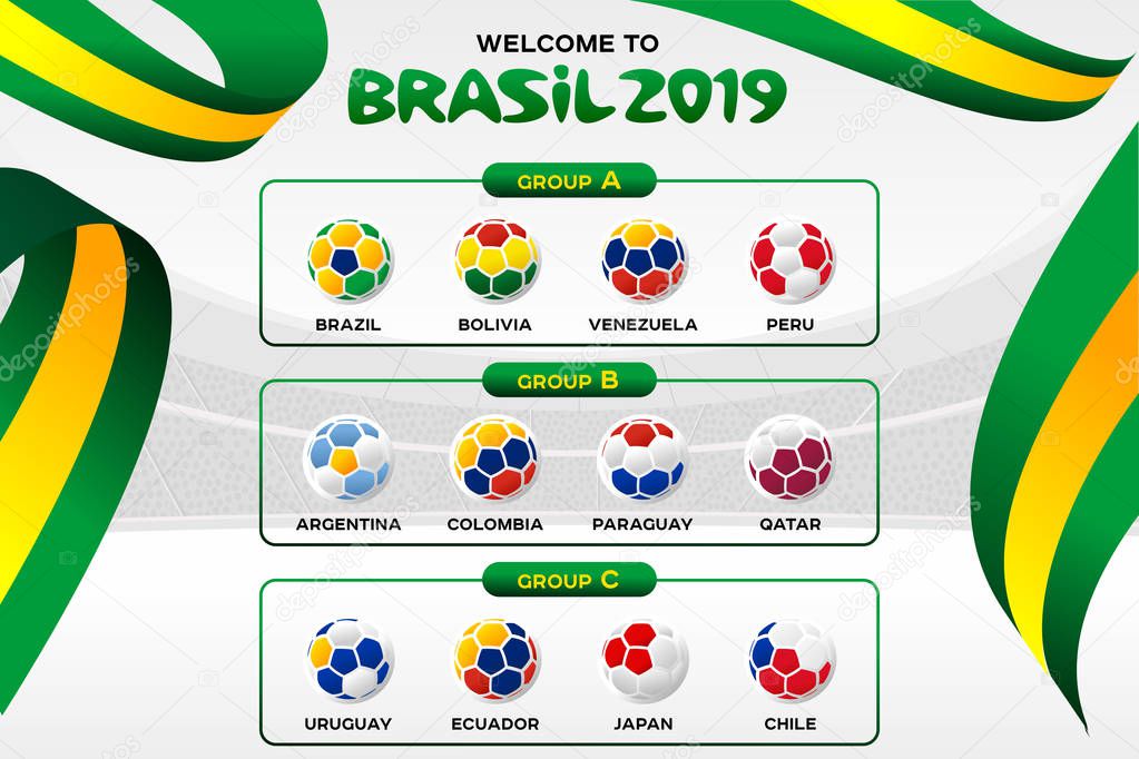 Vector illustration results and standing tables scoreboard championship tournament in Brasil. CONMEBOL Copa America 2019. Broadcast template. Soccer 2019 championship tournament.