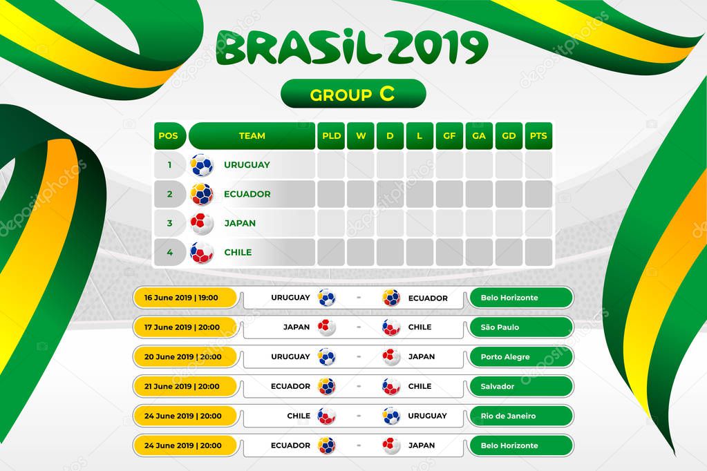 Vector illustration results and standing tables scoreboard championship tournament in Brasil. CONMEBOL Copa America 2019. Broadcast template. Soccer 2019 championship tournament.