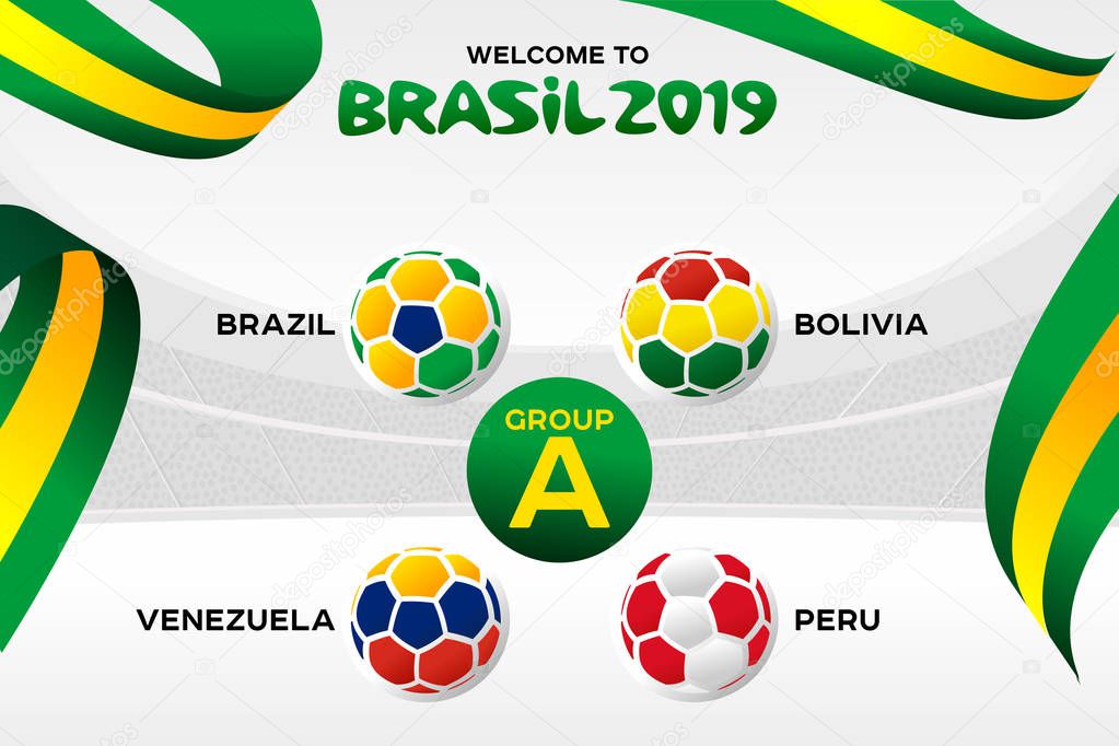 Vector illustration results and standing tables scoreboard championship tournament in Brasil. CONMEBOL Copa America 2019. Broadcast template. Soccer 2019 championship tournament.
