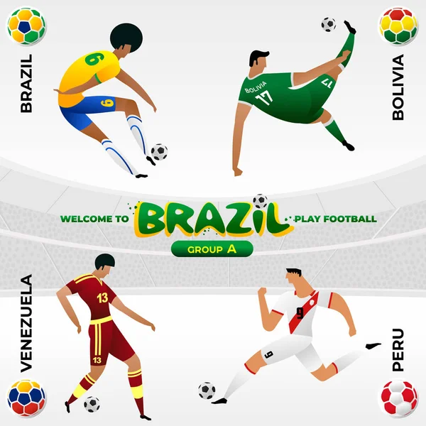 Jugador de fútbol en el fondo de un patrón de símbolos nacionales brasileños — Vector de stock