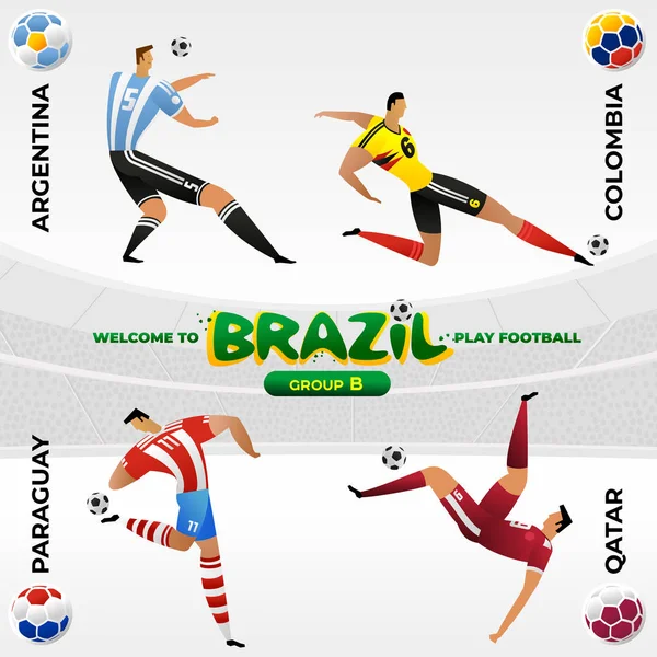 Fotbollsspelare i bakgrunden av ett mönster av brasilianska nationella symboler — Stock vektor