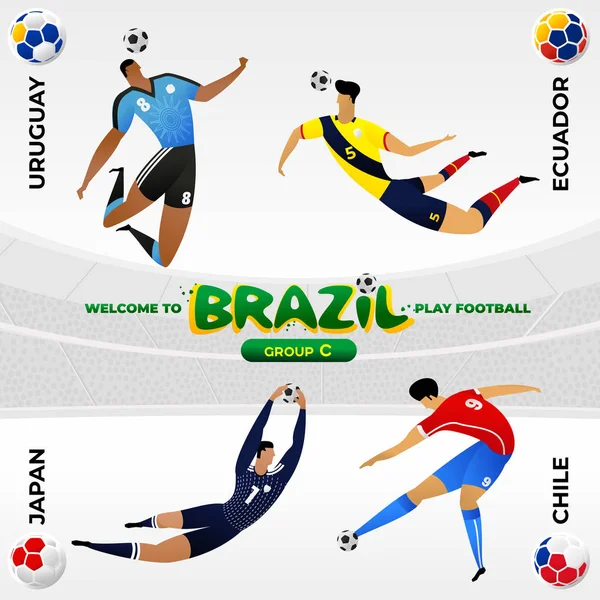 Jugador de fútbol en el fondo de un patrón de símbolos nacionales brasileños — Vector de stock