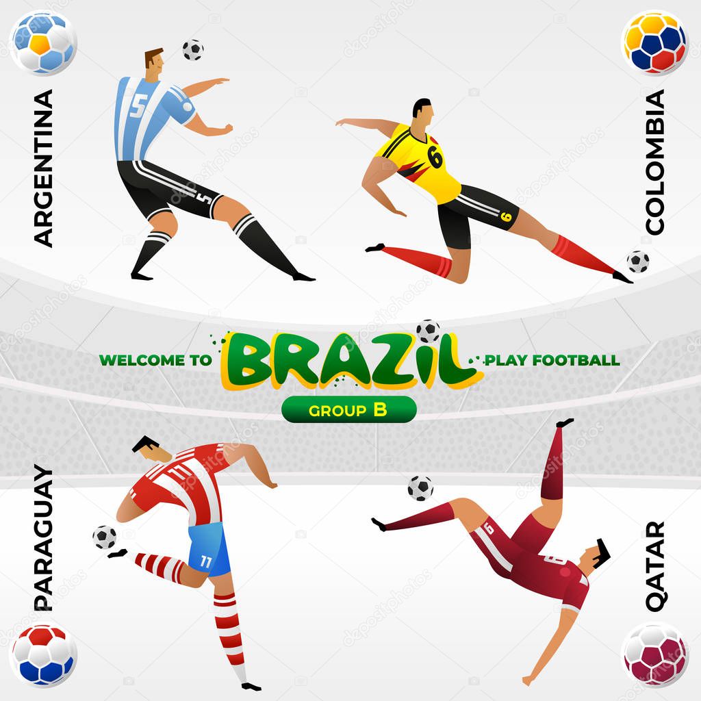 Football player in the background of a pattern of Brazilian national symbols