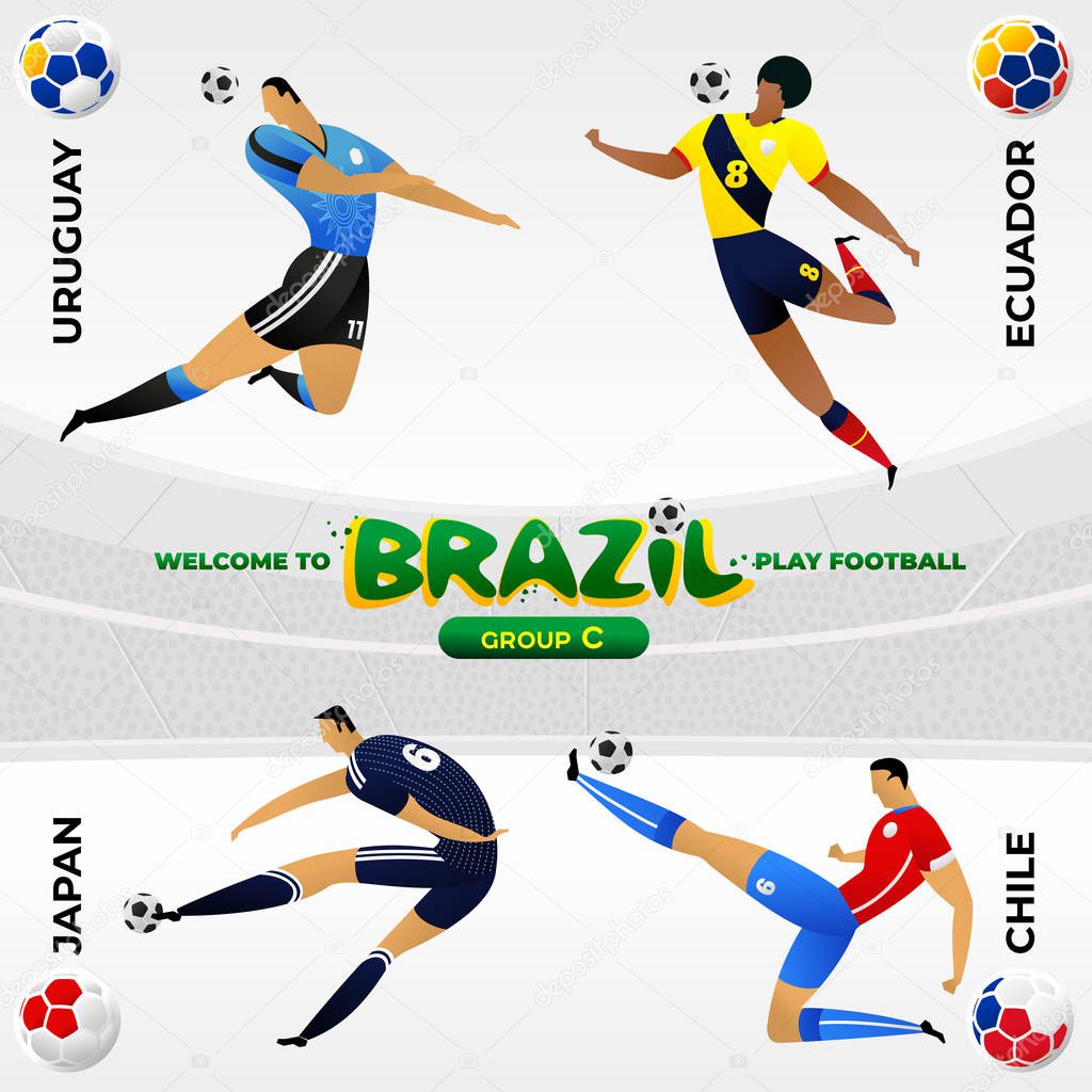 Football player in the background of a pattern of Brazilian national symbols