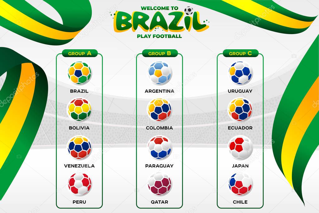 Vector illustration results and standing tables scoreboard championship tournament in Brasil. CONMEBOL Copa America 2019. Broadcast template. Soccer 2019 championship tournament.