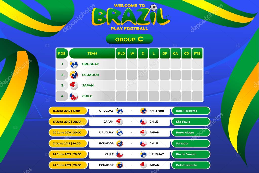 Vector illustration results and standing tables scoreboard championship tournament in Brasil. CONMEBOL Copa America 2019. Broadcast template. Soccer 2019 championship tournament.