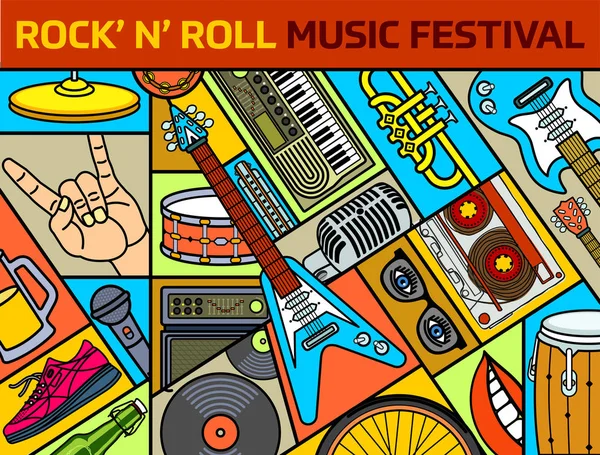 Banner del festival de música. Instrumentos musicales. Fondo musical colorido. Ilustración vectorial — Vector de stock