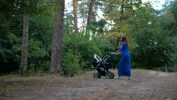 Sexy jonge moeder wandelen met de kinderwagen in het bos - Slow motion. — Stockvideo