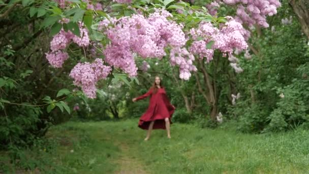 Тонка дівчина танцює у вільній сукні в парку — стокове відео