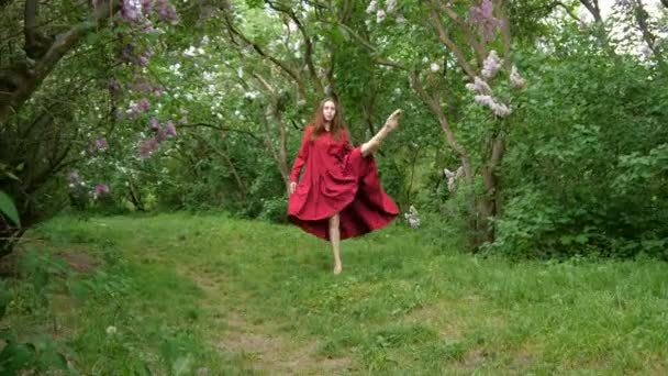 Joven bailarina en vestido de marsala viene al aire libre — Vídeo de stock