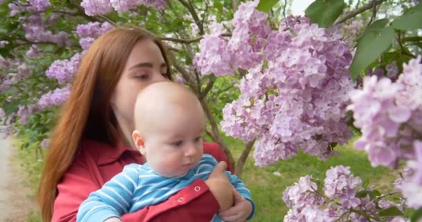 4k - Mamá está de pie con un pequeño bebé cerca de un arbusto lila en cámara lenta — Vídeo de stock