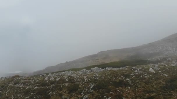 Drone flyger i himlen under dimma väder - Karpaterna. — Stockvideo