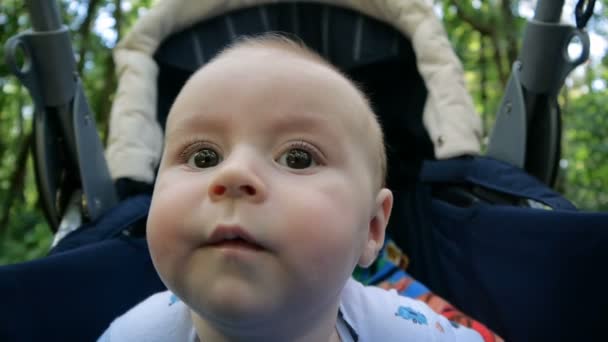 Grappig gezicht van de kleine jongen met schattige wangen in slow motion. — Stockvideo