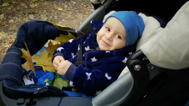 Niño con sonrisa en la cara jugar con la hoja amarilla sentado en el cochecito . — Vídeos de Stock