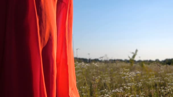 Vestido vermelho de uma mulher e uma câmera se movendo para baixo em um campo em câmera lenta — Vídeo de Stock