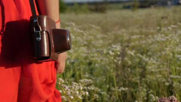 Vrouw in rode jurk gaan langs een veld met bloemen met een camera in slo-mo — Stockvideo