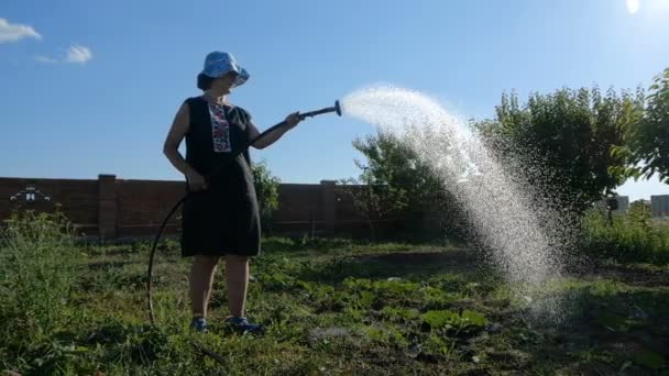 Гірка жінка приймає воду на своєму саду в сонячний день у повільному русі . — стокове відео