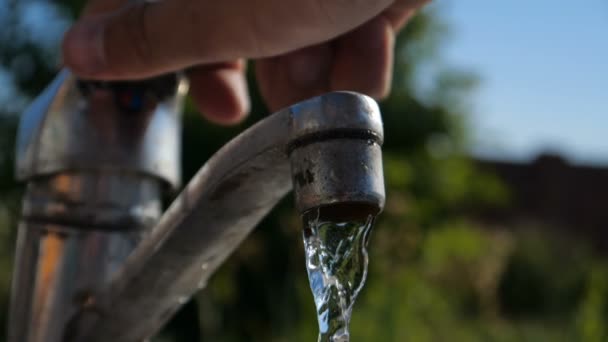 Le mani della donna aprono un rubinetto metallico in un giardino con cielo celeste in rallentatore — Video Stock