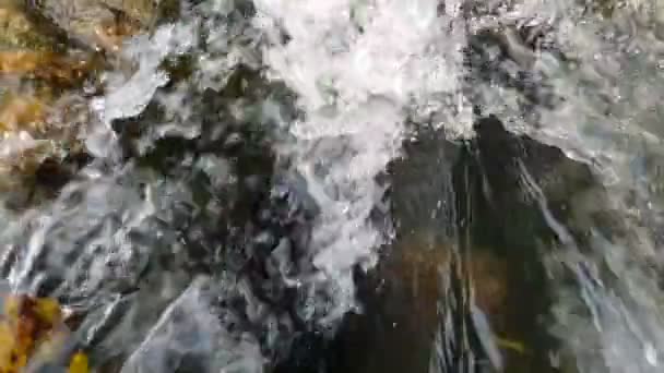 Rapides ruisseaux d'eau tombant entre les pierres énergiquement en été à Xo@-@ mo — Video