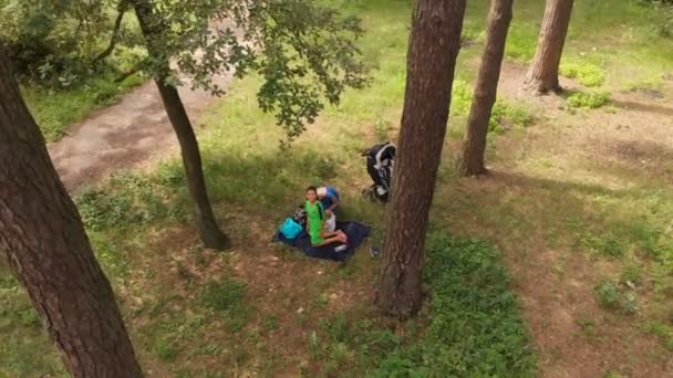 Ung familj som har en vila på en överkast i en skog på en solig dag i slo-mo — Stockvideo