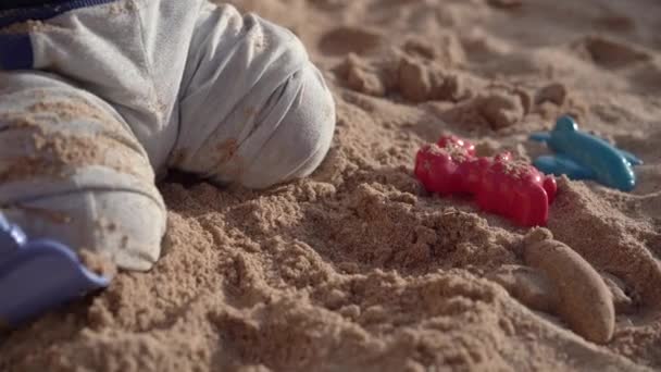 Leuk spel van de kleine baby in het strand. — Stockvideo