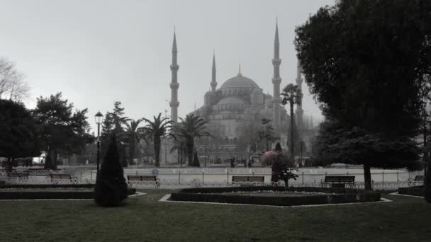 Sneeuw vallen in slow motion - Istanbul en mooie moskee — Stockvideo