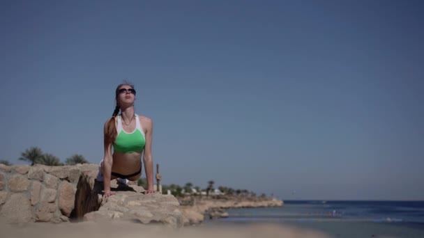 Yoga - chica yong hace perro boca arriba en la playa rocosa . — Vídeos de Stock