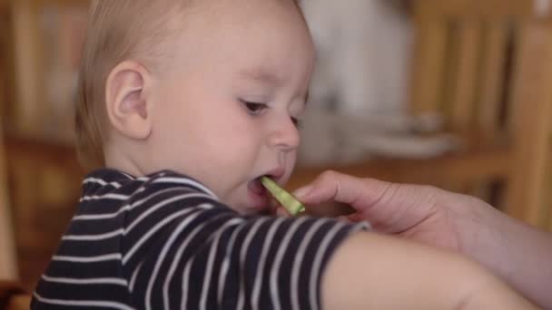 Movimento lento - bebê come na cozinha . — Vídeo de Stock