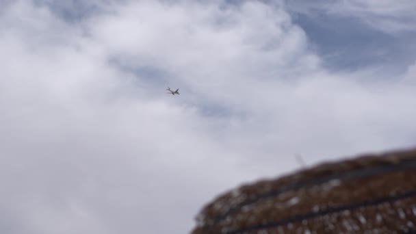 Airplane flies on background and on foreground - beach umbrella out of focus. — Stock Video