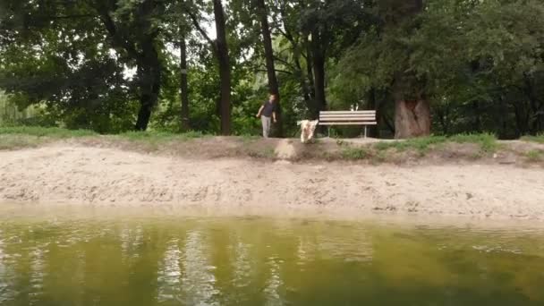 Glücklicher Hund springt, um ein rundes Spielzeug in einem Fluss zu fangen, das von einem sportlichen Mann geworfen wurde — Stockvideo
