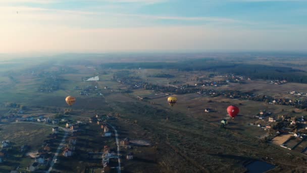 Luchtfoto van hete lucht ballonnen vliegen over groen veld op een zonnige dag — Stockvideo