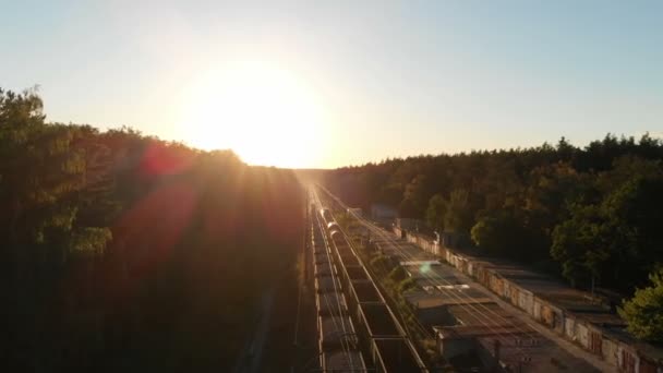 Två tåg som transporterar gods vagnar som rör sig i motsatta riktningar i slo-mo — Stockvideo